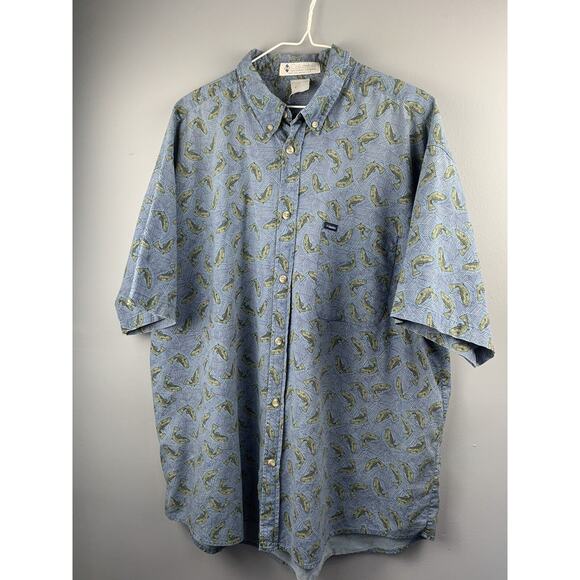 Columbia Shirt Mens XL Fish Button Up‎ All Over Print Vintage Short Sleeve Blue - Picture 1 of 6